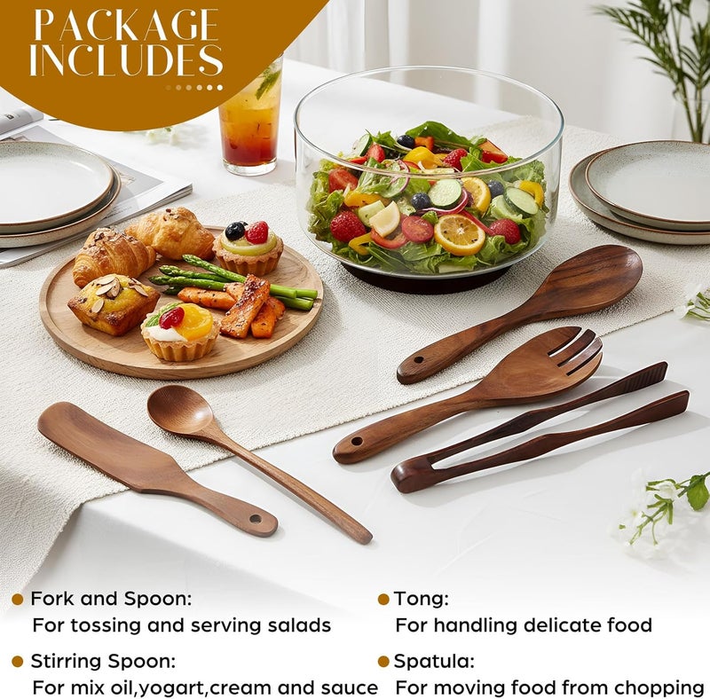 FoldTier Large Glass Salad Bowl Set, Party Salad Bowl with Acacia Wood Base and Lid as Cheese Charcuterie Board and Plate, Comes with 5 Pieces Elegant Wood Serving Utensils - Image 4